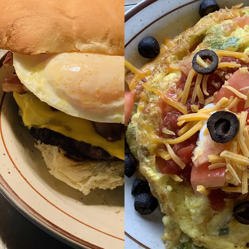 plate with breakfast burger and plate with omelette